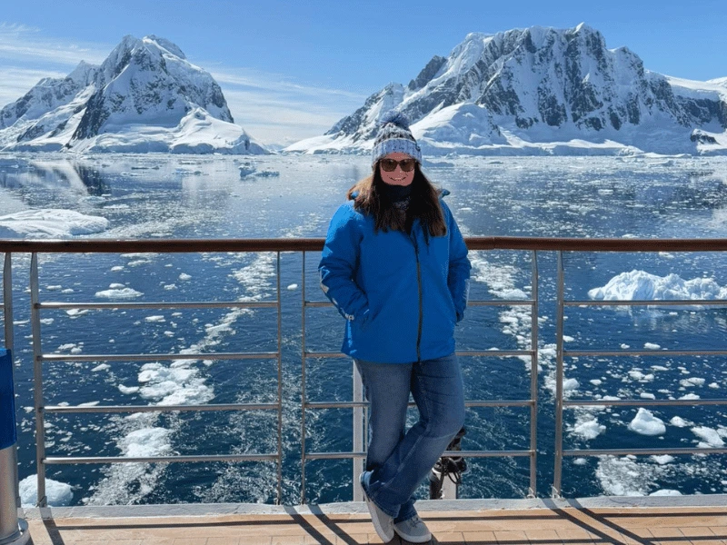 Lizzy on the deck of MV Greg Mortimer in Antarctica