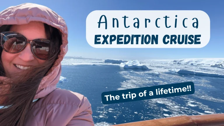 Lizzy on an Antarctica expedition cruise surrounded by icebergs