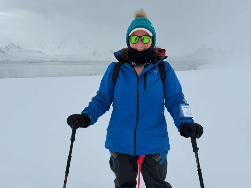Lizzy snowshoeing during her Antarctica expedition cruise