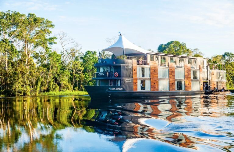 Black and wooden Aria Amazon ship sailing through glossy dark water lined with green trees.