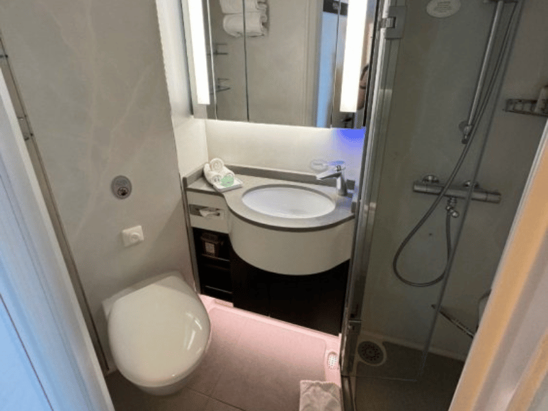 Bathroom in an Oceanview stateroom onboard Oceania Cruises' Sirena.