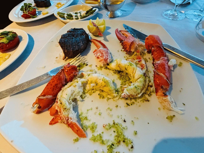 Whole lobster and filet mignon served at Tuscan Steak speciality restaurant onboard Oceania Cruises' Sirena.