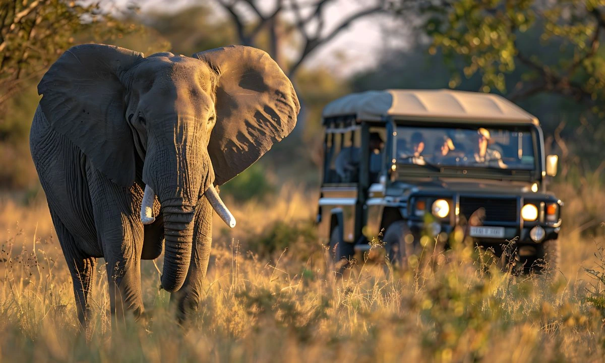 Elephant walking beside a safari vehicle carrying travellers in Africa