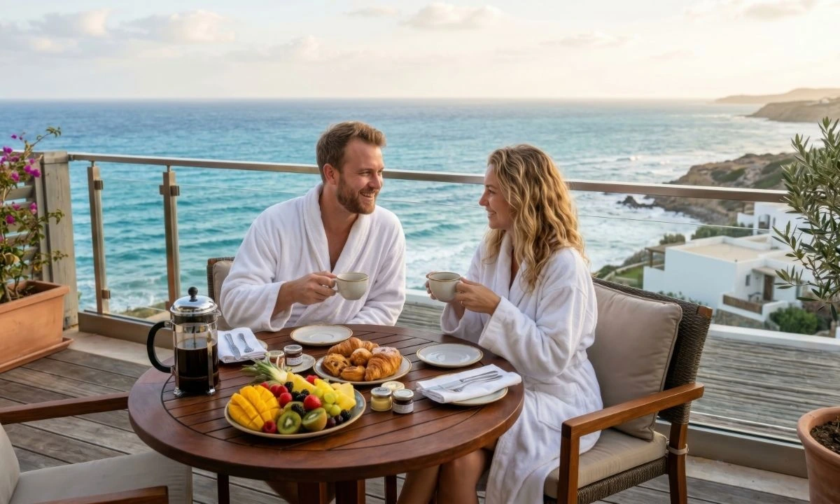 Couple enjoying breakfast on a hotel terrace overlooking the sea
