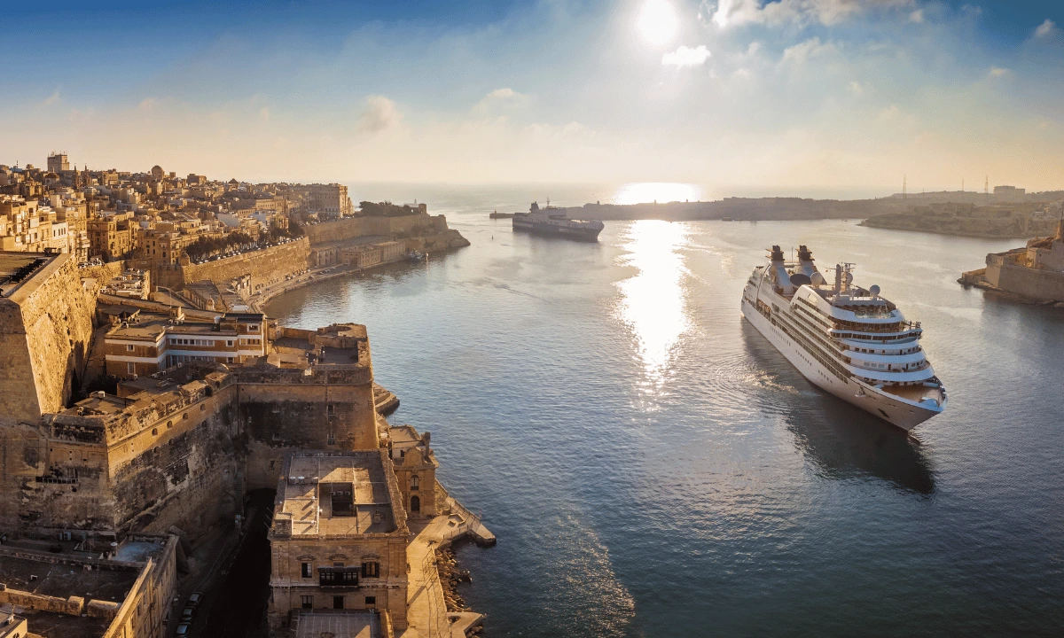 Cruise ship sailing through Valletta’s Grand Harbour in Malta