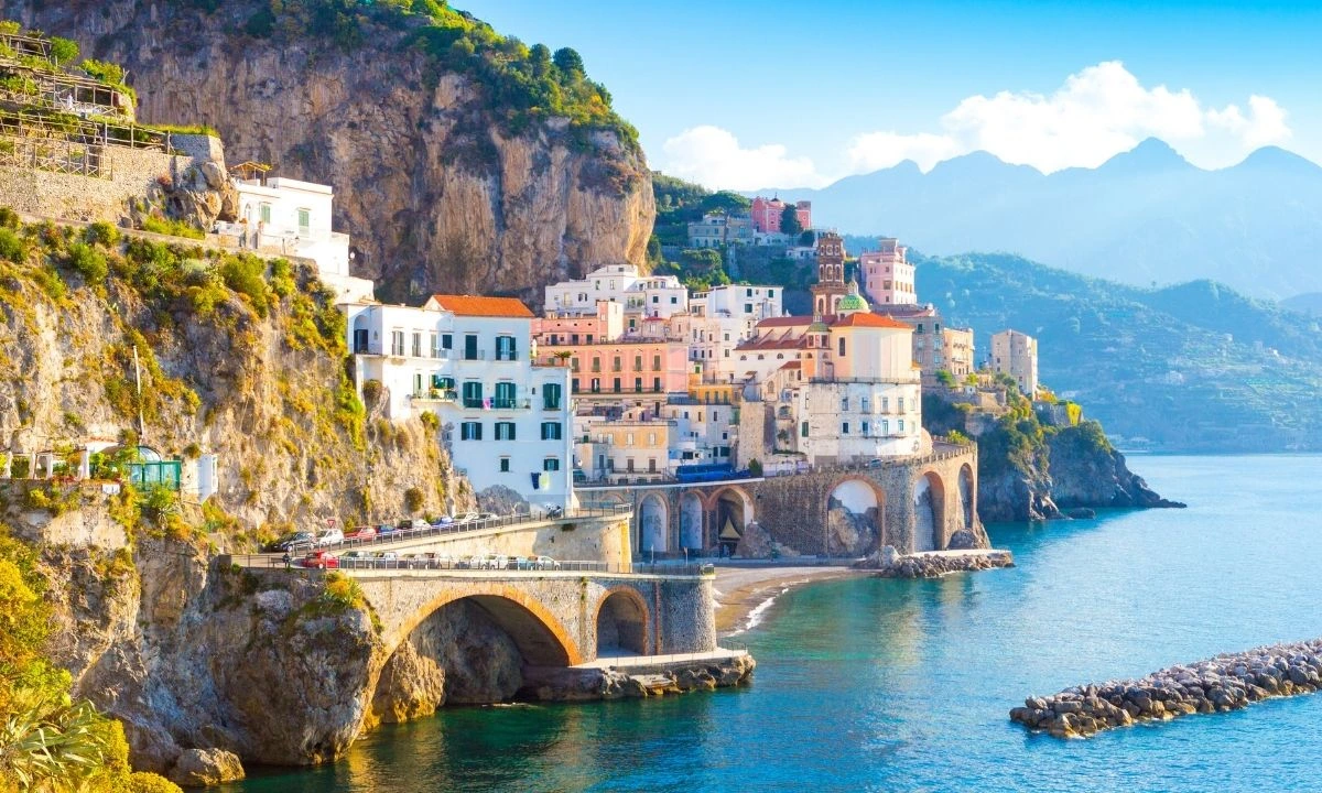 Coastal town on Italy’s Amalfi Coast overlooking the Mediterranean Sea