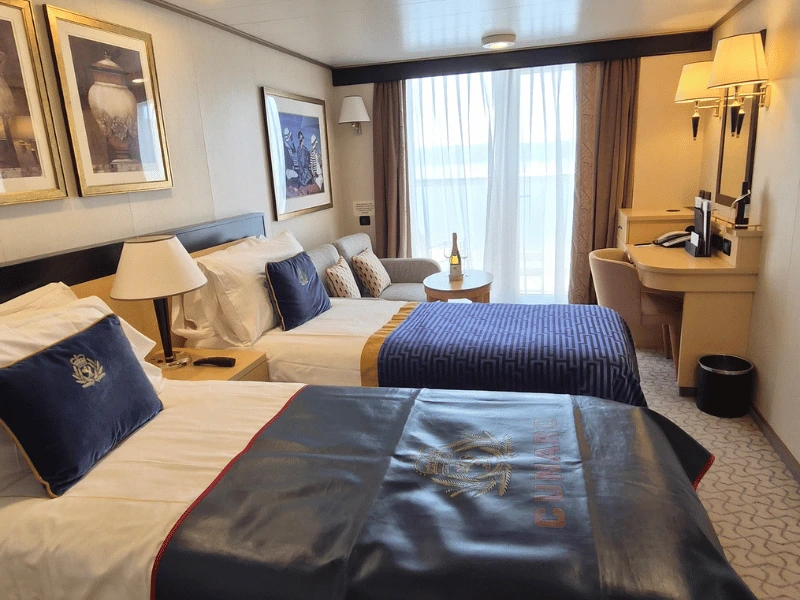 Twin-bed balcony cabin on board Cunard’s Queen Elizabeth Twin-bed balcony cabin on board Cunard’s Queen Elizabeth