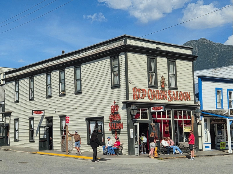 Historic Red Onion Saloon on a sunny day in Skagway, Alaska