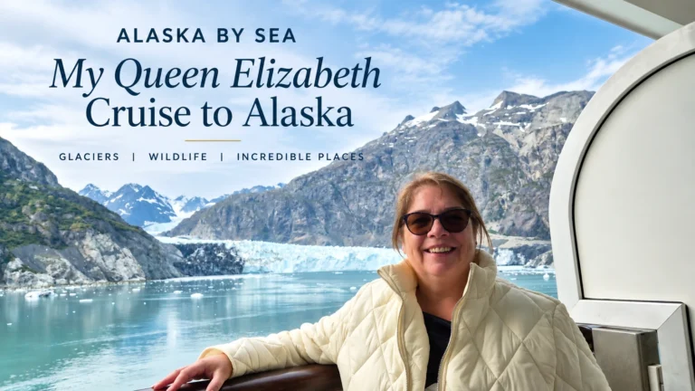 Sarah, Delmar World’s Alaska specialist, in front of a glacier during her Queen Elizabeth cruise to Alaska
