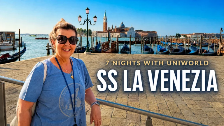 Ann Anglesea beside the gondolas in Venice during her Uniworld cruise aboard S.S. La Venezia